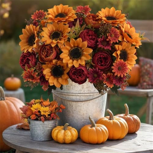 2 Pcs Fall Artificial Sunflower Peony Bouquet, Yellow Burgundy Silk Faux Flower, Autumn Faux Floral Arrangements, alternate