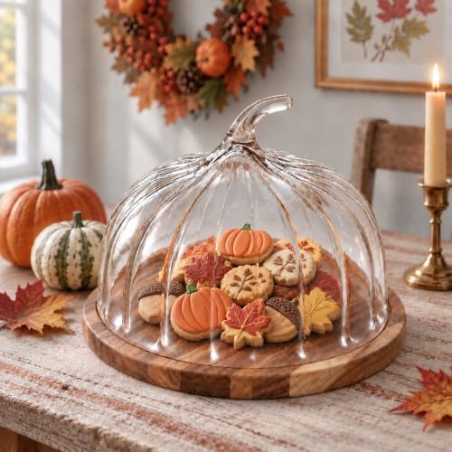 2 Pcs Fall Pumpkin Cake Stand with Glass Dome, 9.45 Inch Wood Base in clear
