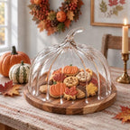 2 Pcs Fall Pumpkin Cake Stand with Glass Dome, 9.45 Inch Wood Base in clear