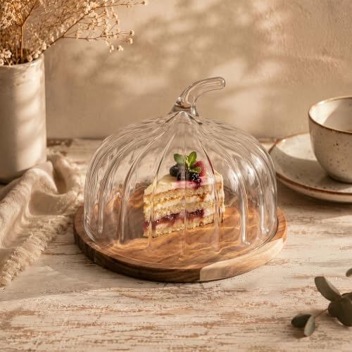 2 Pcs Fall Pumpkin Cake Stand with Glass Dome, 9.45 Inch Wood Base in clear, alternate view 3