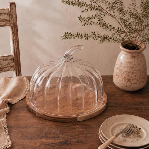2 Pcs Fall Pumpkin Cake Stand with Glass Dome, 9.45 Inch Wood Base in clear, alternate view 5