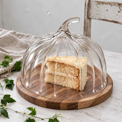 2 Pcs Fall Pumpkin Cake Stand with Glass Dome, 9.45 Inch Wood Base in clear, alternate view 6