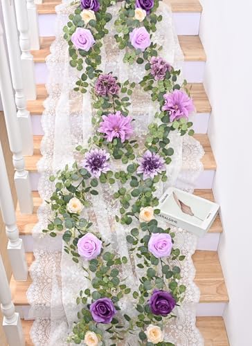 2 Pcs Flower Garland, 6Ft Eucalyptus Garland with Flowers, Rose Floral Vines for Wedding Reception Table Mantle, alternate
