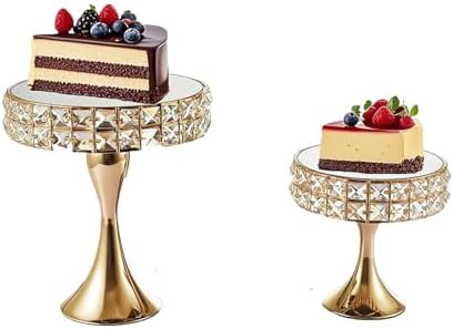 2 Pcs Gold 8/10 Inch Crystal Cake Stand Set Round Cake Stand with Crystal Bling Pendants Dessert Table Display