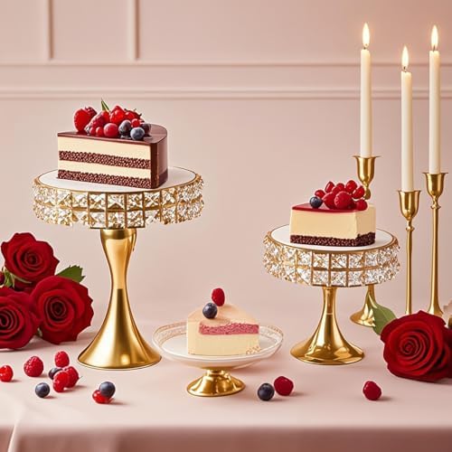2 Pcs Gold 8/10 Inch Crystal Cake Stand Set Round Cake Stand with Crystal Bling Pendants Dessert Table Display, alternate