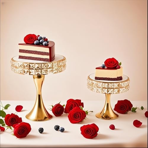 2 Pcs Gold 8/10 Inch Crystal Cake Stand Set Round Cake Stand with Crystal Bling Pendants Dessert Table Display, alternate