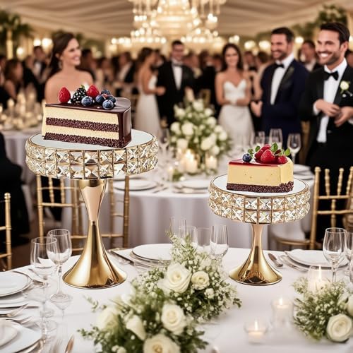 2 Pcs Gold 8/10 Inch Crystal Cake Stand Set Round Cake Stand with Crystal Bling Pendants Dessert Table Display, alternate