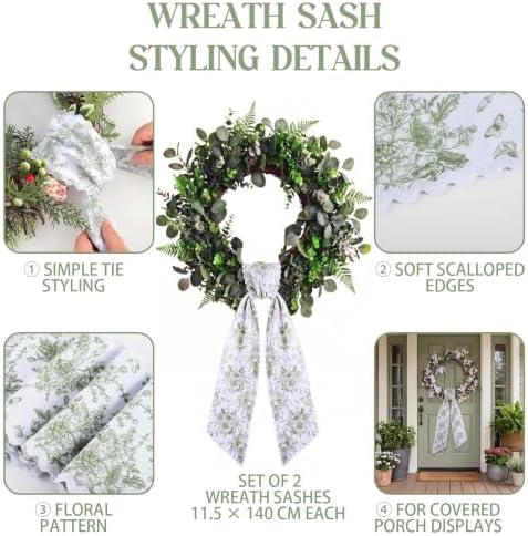 2 Pcs Green Floral Scalloped Wreath Sash,4.5"*55.1" in Green Floral, alternate view 4