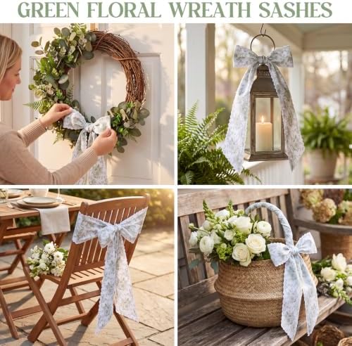 2 Pcs Green Floral Scalloped Wreath Sash,4.5"*55.1" in Green Floral, alternate view 6