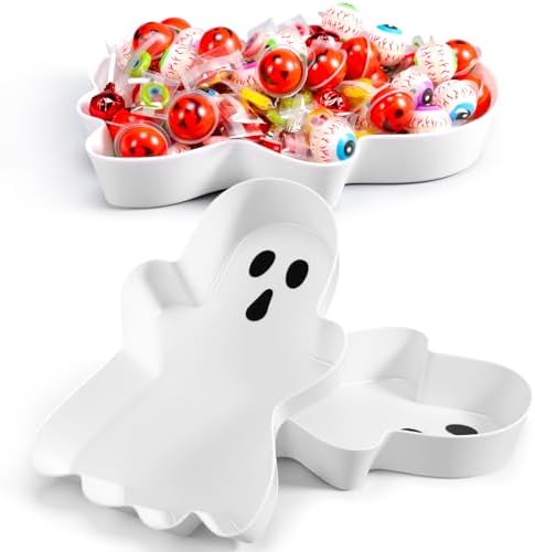 2 Pcs Halloween Candy Bowls, Plastic Ghost Shaped Tray for Party in White, Black