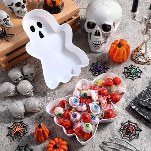 2 Pcs Halloween Candy Bowls, Plastic Ghost Shaped Tray for Party in White, Black, alternate view 2