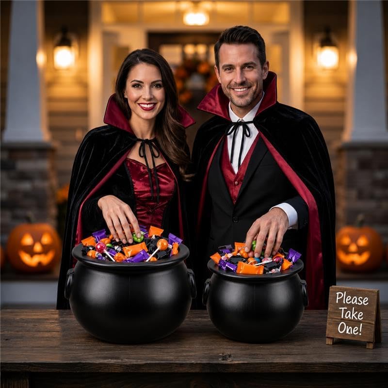 2 Pcs Halloween Cauldron - 10", 8" Witch Plastic Cauldron bowl Black, For Halloween Decor, alternate view 4