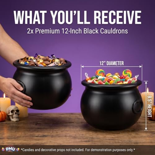 2 Pcs Halloween Cauldron - 12" Witch Plastic Cauldron Bowl Black, for Halloween Decor, alternate view 3