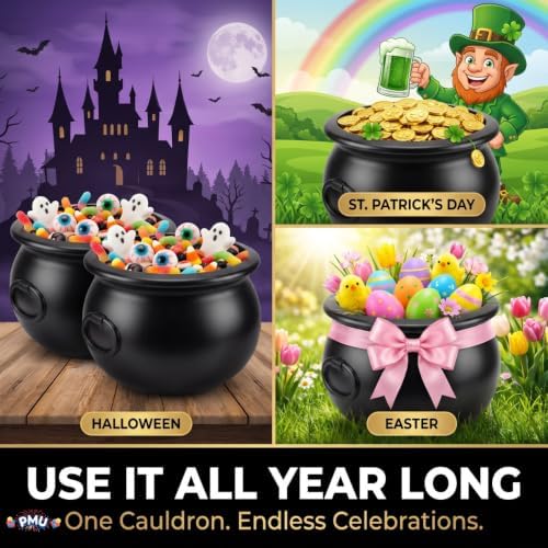2 Pcs Halloween Cauldron - 12" Witch Plastic Cauldron Bowl Black, for Halloween Decor, alternate view 6