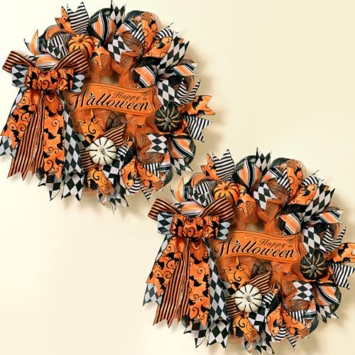 2 Pcs Halloween Wreaths for Front Door, Halloween Wreath with Ribbon Bow in Orange Black