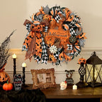 2 Pcs Halloween Wreaths for Front Door, Halloween Wreath with Ribbon Bow in Orange Black, alternate view 2