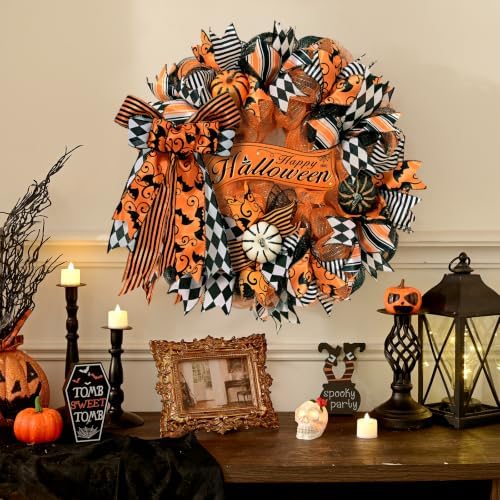 2 Pcs Halloween Wreaths for Front Door, Halloween Wreath with Ribbon Bow in Orange Black, alternate view 2