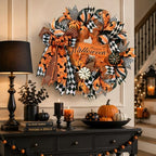 2 Pcs Halloween Wreaths for Front Door, Halloween Wreath with Ribbon Bow in Orange Black, alternate view 3
