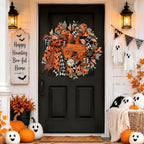 2 Pcs Halloween Wreaths for Front Door, Halloween Wreath with Ribbon Bow in Orange Black, alternate view 4