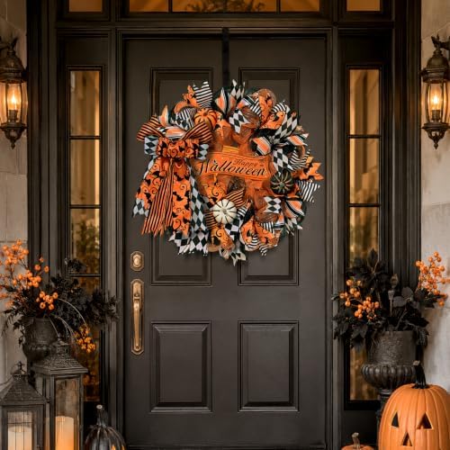 2 Pcs Halloween Wreaths for Front Door, Halloween Wreath with Ribbon Bow in Orange Black, alternate view 6