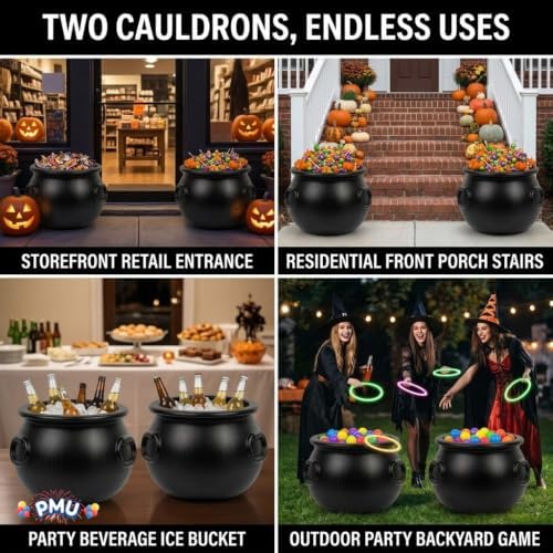 2 Pcs Large Cauldron 18in, Black Witches Cauldron Bowl for Halloween Decor, alternate view 3