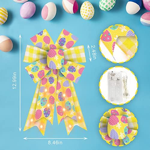 2 PCS LED Easter Bows for Wreath, Happy Easter Eggs Wreath Bows with LED Light Yellow Burlap Ribbon Bow LED, alternate view 2