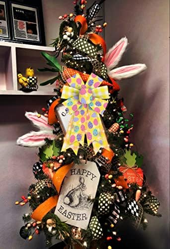 2 PCS LED Easter Bows for Wreath, Happy Easter Eggs Wreath Bows with LED Light Yellow Burlap Ribbon Bow LED, alternate view 4