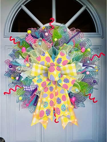 2 PCS LED Easter Bows for Wreath, Happy Easter Eggs Wreath Bows with LED Light Yellow Burlap Ribbon Bow LED, alternate view 5