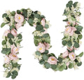 2 Pcs Pink 6.6Ft Artificial Eucalyptus Flower Garland with Fake Rose Flower Vine Seeded Eucalyptus Leaves