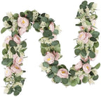 2 Pcs Pink 6.6Ft Artificial Eucalyptus Flower Garland with Fake Rose Flower Vine Seeded Eucalyptus Leaves