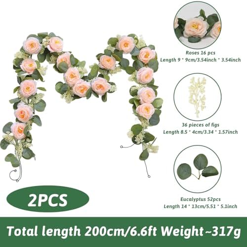 2 Pcs Pink 6.6Ft Artificial Eucalyptus Flower Garland with Fake Rose Flower Vine Seeded Eucalyptus Leaves, alternate view 3