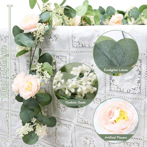 2 Pcs Pink 6.6Ft Artificial Eucalyptus Flower Garland with Fake Rose Flower Vine Seeded Eucalyptus Leaves, alternate view 4