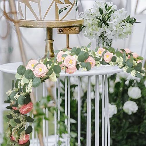2 Pcs Pink 6.6Ft Artificial Eucalyptus Flower Garland with Fake Rose Flower Vine Seeded Eucalyptus Leaves, alternate view 5