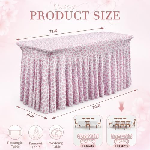 2 Pcs Pink Rose 6 ft Stretch Rectangle Table Covers, 72'' x 30'', alternate view 3