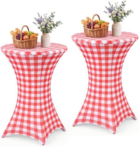 2 Pcs Red Gingham Stretch Cocktail Table Covers, 32'' x 43''