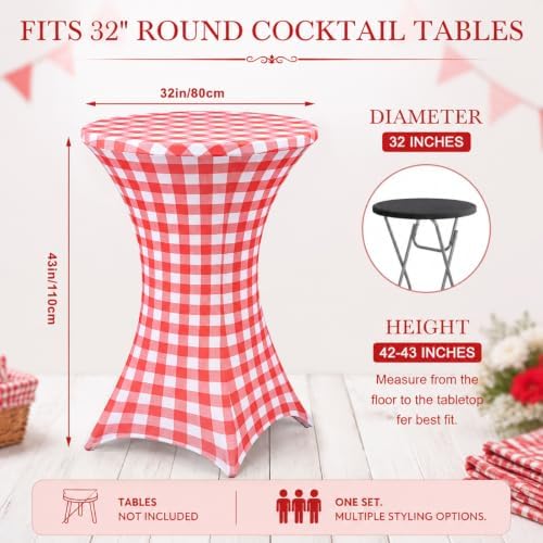 2 Pcs Red Gingham Stretch Cocktail Table Covers, 32'' x 43'', alternate view 2