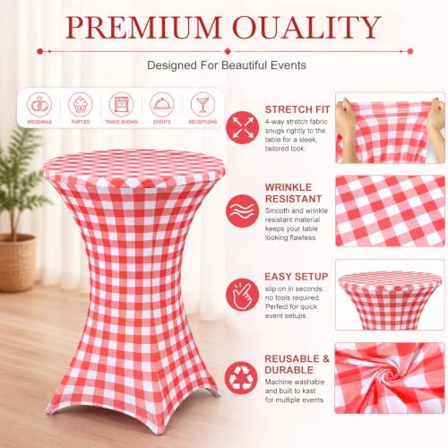 2 Pcs Red Gingham Stretch Cocktail Table Covers, 32'' x 43'', alternate view 4
