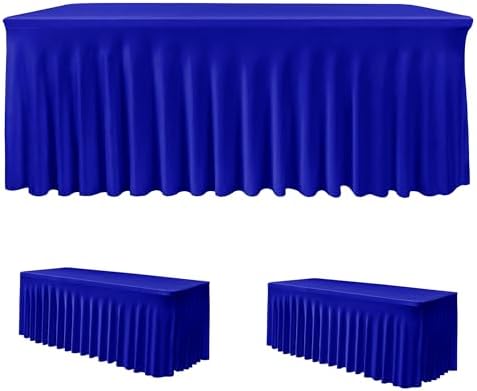 2 Pcs Royal Blue Spandex Table Covers 8ft Rectangle Ruffle Skirts for Party in 30x96 Inch| 2 Pack in Royal Blue