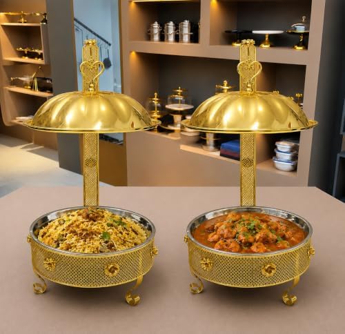 2 PCS Royal Gold Chafing Dish Buffet Set, 8L Round Server with Dome Lid, [Game Changer Maifanite-Coated]