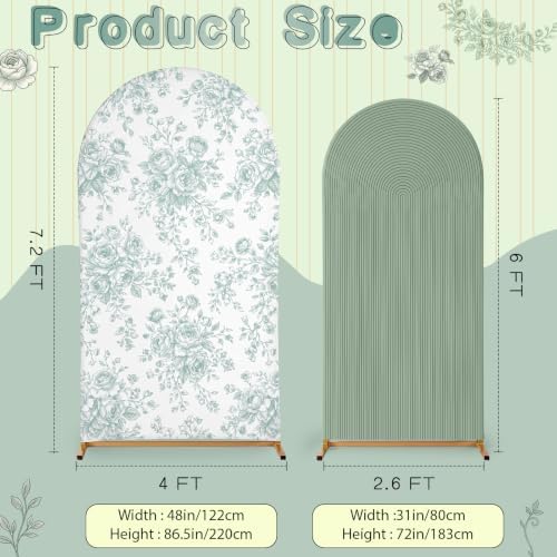 2 Pcs Sage Green Floral Arch Covers Backdrop 7.2ft 6ft Stretchy Fabric Covers for Ripples Wedding Bridal Shower, alternate