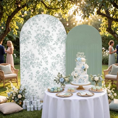 2 Pcs Sage Green Floral Arch Covers Backdrop 7.2ft 6ft Stretchy Fabric Covers for Ripples Wedding Bridal Shower, alternate