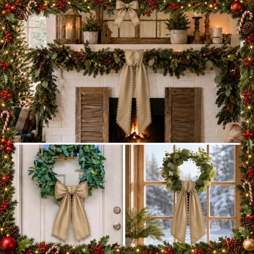 2 Pcs Scalloped Wreath Sash for Front Door, Khaki Ruffle Wreath Ribbon, alternate view 4