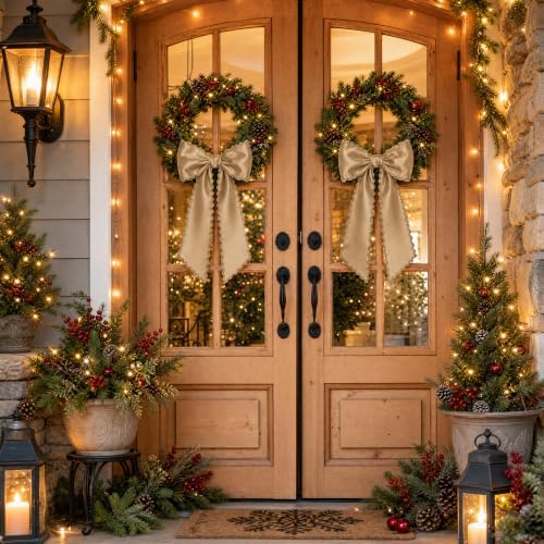 2 Pcs Scalloped Wreath Sash for Front Door, Khaki Ruffle Wreath Ribbon, alternate view 6