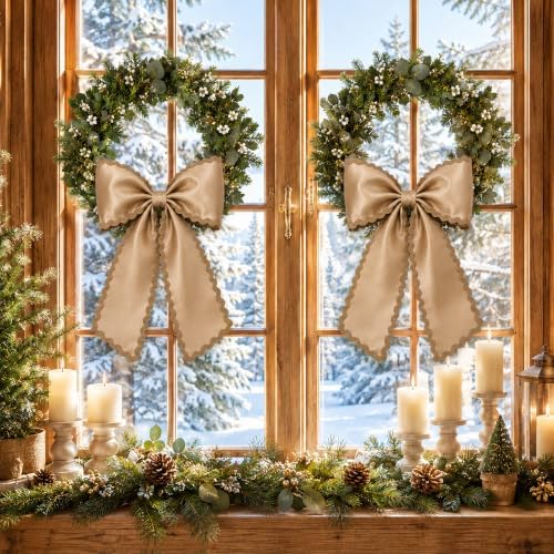 2 Pcs Scalloped Wreath Sash for Front Door, Khaki Ruffle Wreath Ribbon, alternate view 7