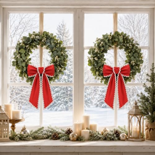 2 Pcs Scalloped Wreath Sash for Front Door, Red Ruffle Wreath Ribbon, alternate view 5