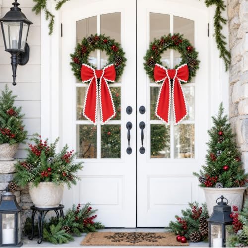 2 Pcs Scalloped Wreath Sash for Front Door, Red Ruffle Wreath Ribbon, alternate view 7