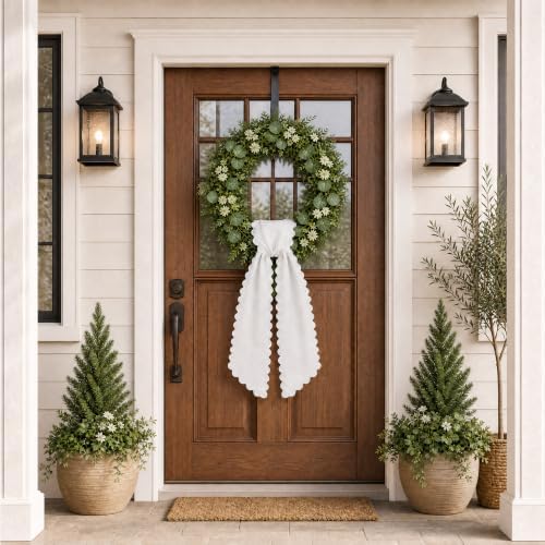 2 Pcs Scalloped Wreath Sash for Front Door, White Ruffle Wreath Ribbon, alternate view 6