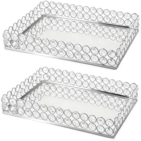 2 Pcs Silver Metal Crystal Mirror Tray - 11.2"x8.1" Table Centerpieces Tray, Multi-Functional Display for