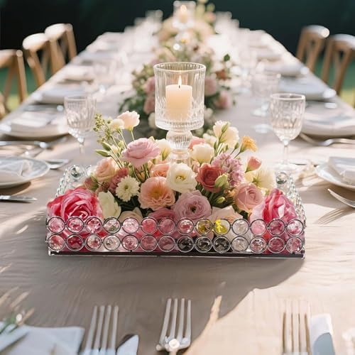 2 Pcs Silver Metal Crystal Mirror Tray - 11.2"x8.1" Table Centerpieces Tray, Multi-Functional Display for, alternate view 4