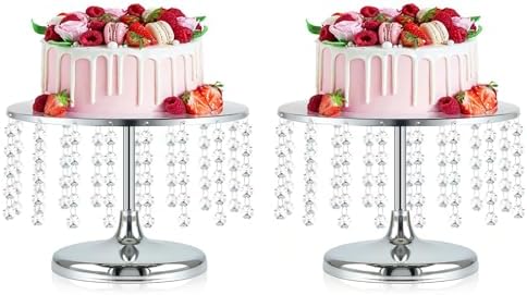 2 Pcs Silver Metal Mirror Cake Stand Set with Crystal Pendants - 11.8"W Elegant Dessert Table Display for